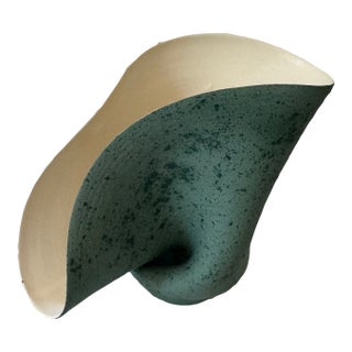 Signed 1954 Abstract Biomorphic Studio Ceramic Vase | Mid-Century Modern | Sculptural Art Pottery | Speckled Dark Green & Ivory Glaze | Dated & Signed For Sale