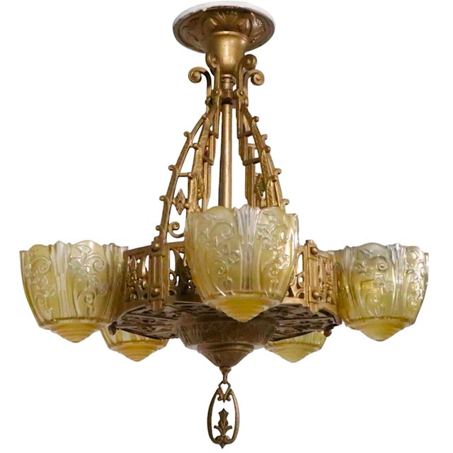Metal Art Deco Slip Shade Chandelier by the Lincoln Manufacturing Company C. 1930's For Sale - Image 7 of 11