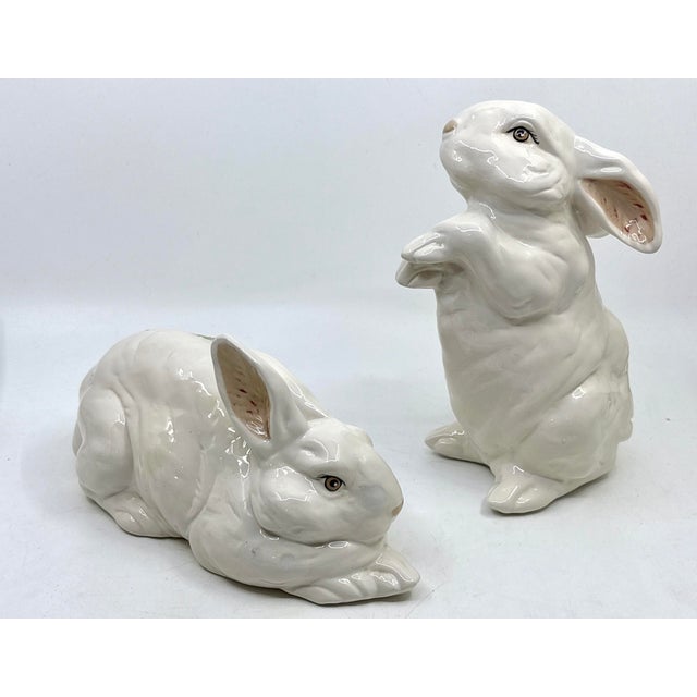 Vintage Porcelain Floral Rose and Blue Bow Bunny Rabbit Statues- A Set For Sale - Image 9 of 10