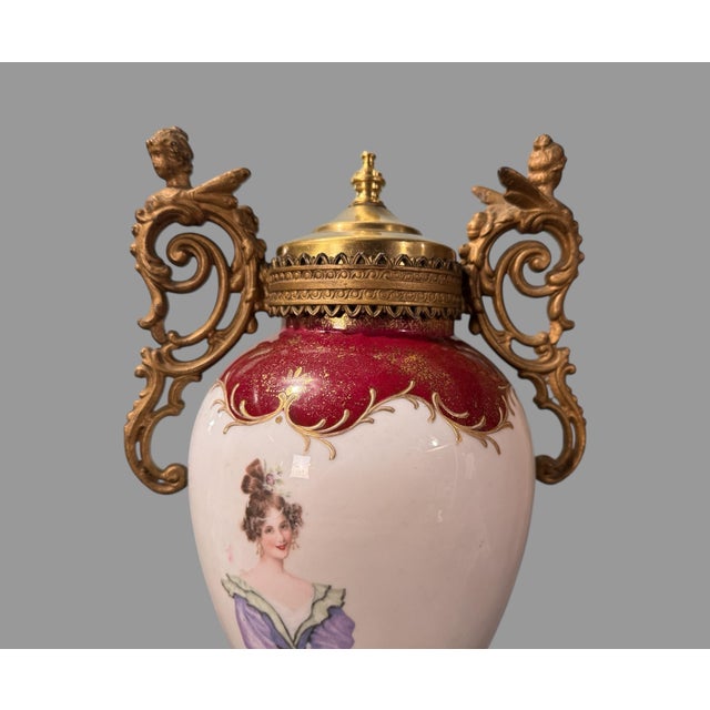 Early 20th Century Antique Victorian Porcelain Portrait & Cast Metal Figural Decorated 18" Handled Urn For Sale - Image 5 of 10