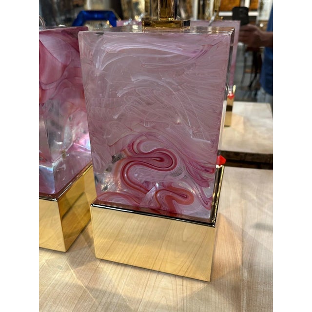 Modern Pair of Pink Murano Glass Block Lamps For Sale - Image 3 of 8