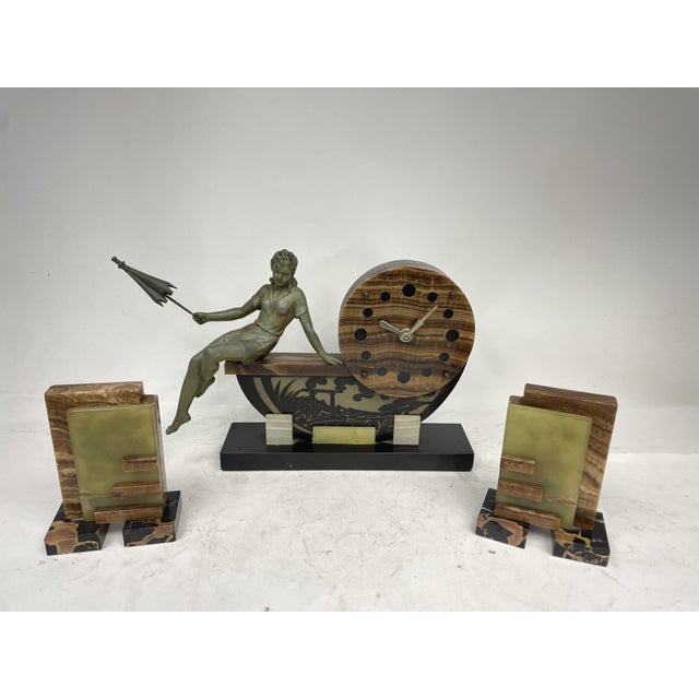 Gold Art Deco Marble Triptych Clock, 1930s, Set of 3 For Sale - Image 8 of 16