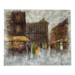 1970s Vintage Parisian Street Scene Oil Painting on Canvas