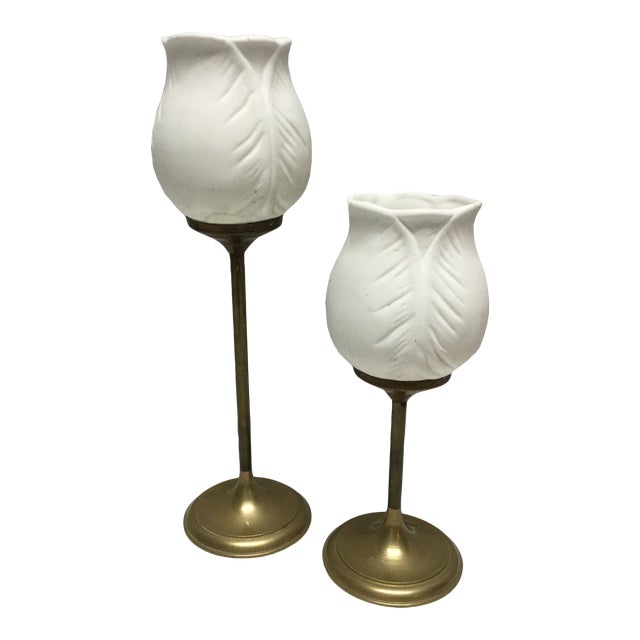 Mid 20th Century Brass and Ceramic Tulip Votive Candle Holders a Pair