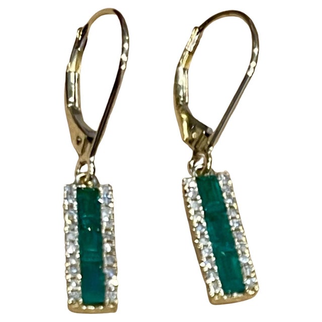 Modern Princess Cut Emerald & Diamond 14 Kt Yellow Gold Dangling Earring For Sale - Image 3 of 8