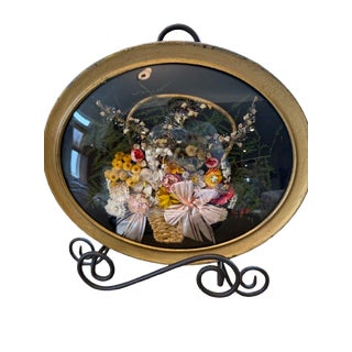 Vintage Victorian Style Oval Convex Bubble Glass Shadow Box - Framed Dried Floral Bouquet Basket For Sale
