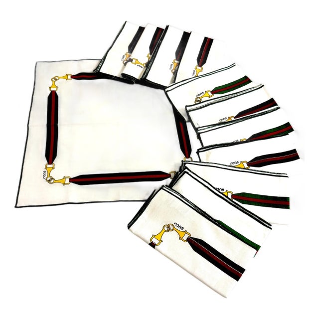 12 Vintage Aldo Gucci Equestrian Napkins with Horsebit Motif, Signed, 1980s For Sale