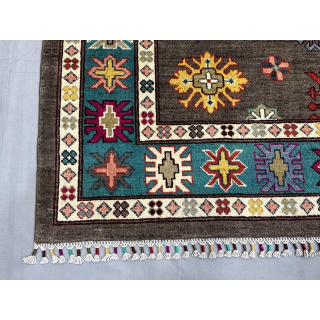 2000 - 2009 Brown and Teal Kazak Rug With Star Medallion, 5'8" X 7'9" For Sale - Image 5 of 15