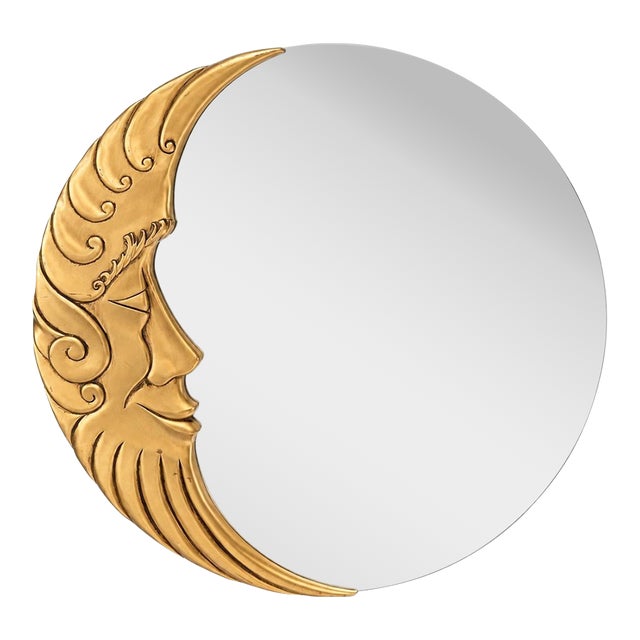 Man in the Moon Mirror Large Gold Crescent 36” Vintage Celestial 1990s For Sale