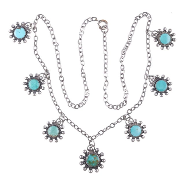 C1940's Vintage Native American Sterling and Turquoise Charm Necklace For Sale