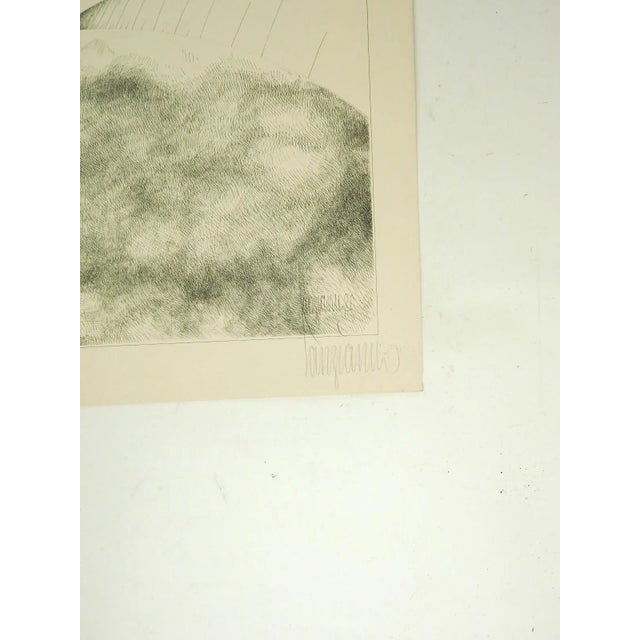 Vintage late 20th century lithograph on beige paper of abstract orbiting cityscape. Signed illegibly and numbered 49/60 in...