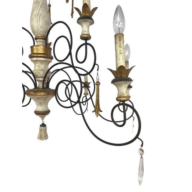French Country 9-Light Wrought Iron Chandelier With Carved Wood Accents For Sale In West Palm - Image 6 of 13