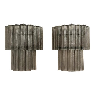 Pair of Italian Murano Smoked Glass Tube Wall Sconces in Polished Nickel, 13 Tubes Each For Sale