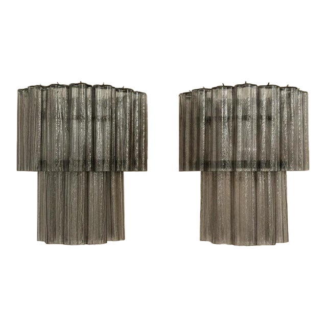 Pair of Italian Murano Smoked Glass Tube Wall Sconces in Polished Nickel, 13 Tubes Each For Sale