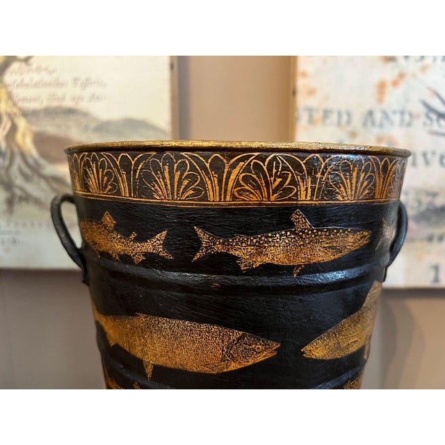 Vintage English Planter Jardiniere Urn Fish Decoupage Black Tole Lodge Décor For Sale In Dallas - Image 6 of 18