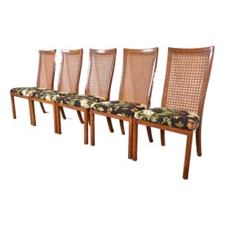 Drexel Heritage Mid-Century Modern Walnut and Cane High Back Dining Chairs, Set of Five For Sale