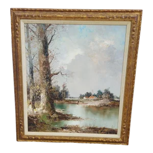 Mid 20th Century Impressionist Style Rustic Landscape Oil Painting by Willi Bauer, Framed