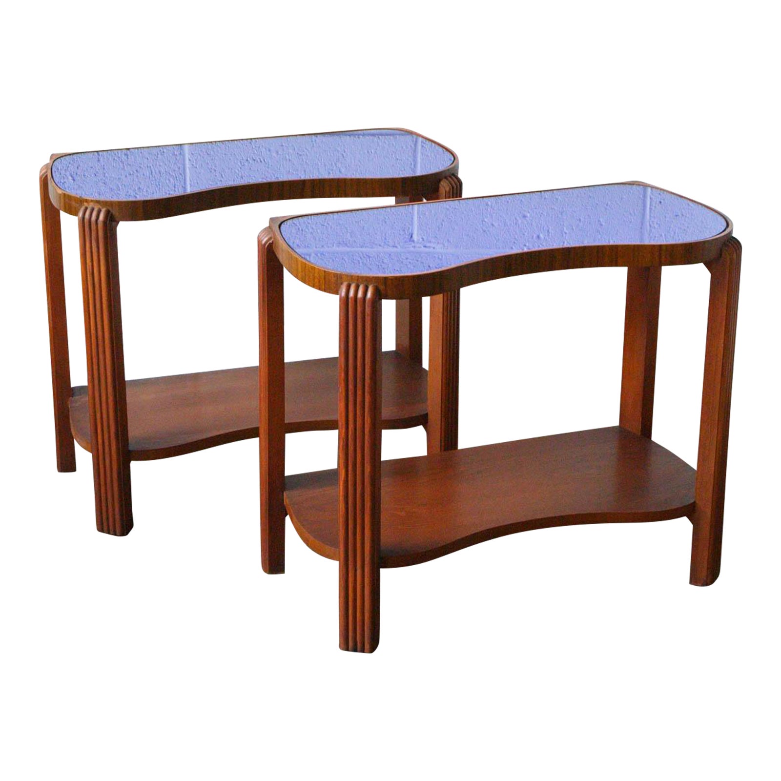 1930s Art Deco Cobalt Blue Glass Kidney Shaped End Tables Set of 2