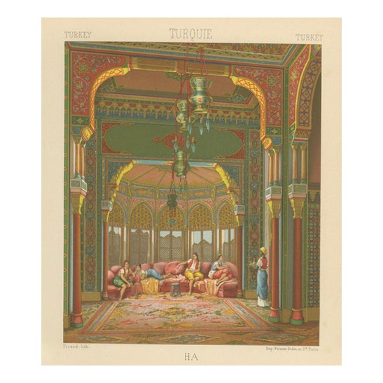 Racinet, Ottoman Harem Interior, Turkish Palace Scene, 1888, Lithograph For Sale