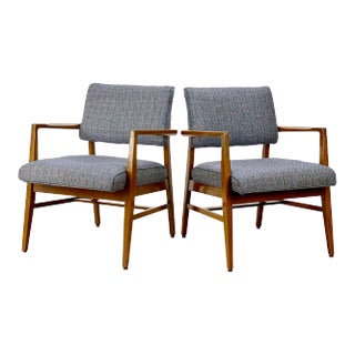 Mid-Century Modern Walnut Sculptural Blue Upholstered Arm Chairs - a Pair For Sale