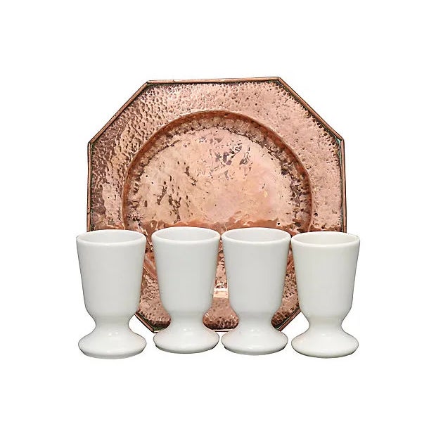 French copper tray with four coffee mazagrans. Tray, 9.5"L x 9.5"W x .5"H; mazagrans, 2.5"Dia x 4.25"H. Maker's mark on...