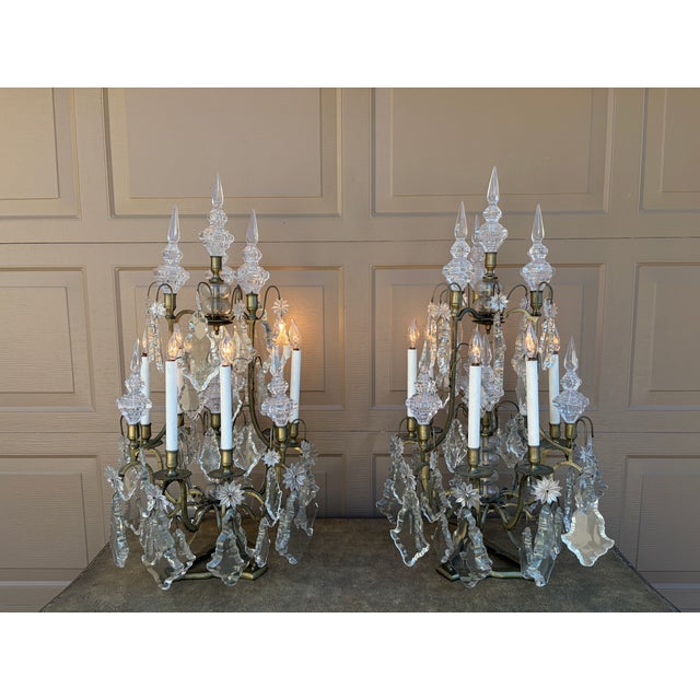 Early 20th Century French Brass & Crystal Six-Light Girandole Lamps - Pair For Sale In South Bend - Image 6 of 17