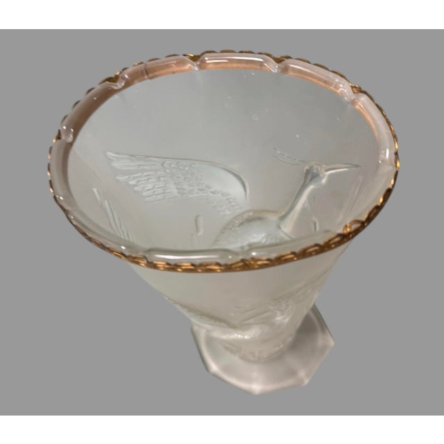 Mid 20th Century Vintage Czech Style Art Deco Embossed Satin Glass Libochovice 10" Heron Egret Vase For Sale - Image 5 of 11