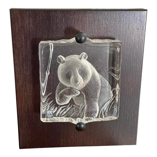 Mats Jonasson Swedish Carved Crystal Panda Bear Wall Plaque Sculpture For Sale