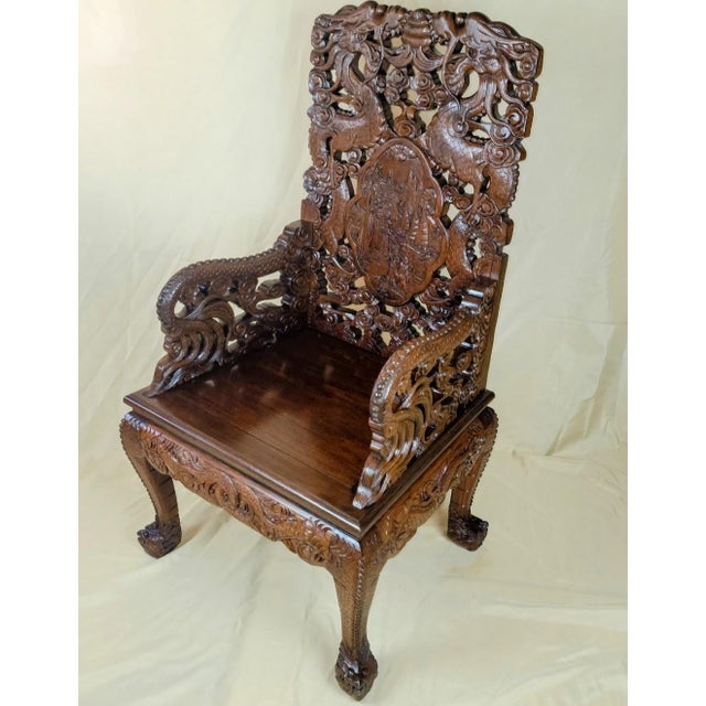 Late 19th Century Late 19th Century Antique Chinoiserie Hand-Carved Rosewood Dragon Throne Chair With Owl Feet, Circa 1900 For Sale - Image 5 of 13