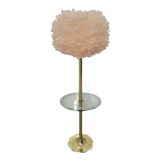 Vintage Brass Tulip Shaped Floor Lamp Etched Glass Top Table Combo by Stiffel With Pink Feather Shade For Sale