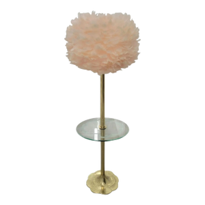 Vintage Brass Tulip Shaped Floor Lamp Etched Glass Top Table Combo by Stiffel With Pink Feather Shade