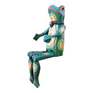 Vintage Hand Carved Articulated Wooden Frog Shelf Sitter Figure For Sale