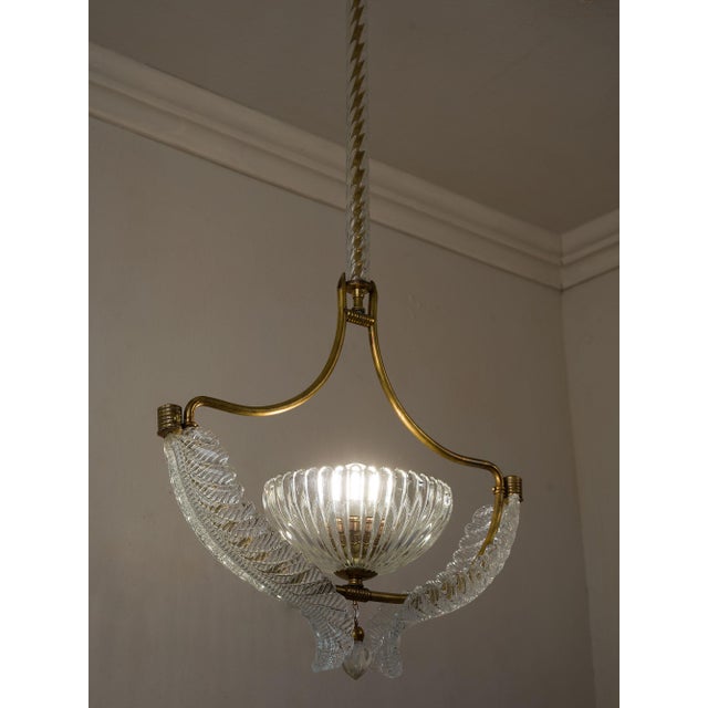 Vintage Italian Art Deco Brass Chandelier with Glass Leaves attributed to Ercole Barovier for Barovier&Toso, 1940s For Sale - Image 14 of 14