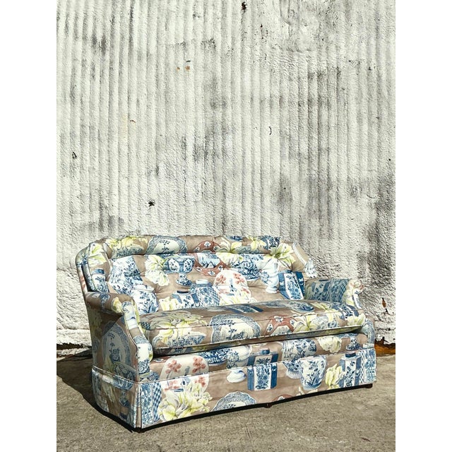 Vintage Regency Blue and White Vase Printed Loveseat For Sale In West Palm - Image 6 of 11
