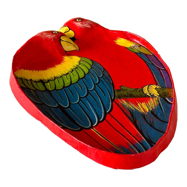 1980’s Tropical Coastal Hand Painted Paper Mache Parrot Tray For Sale