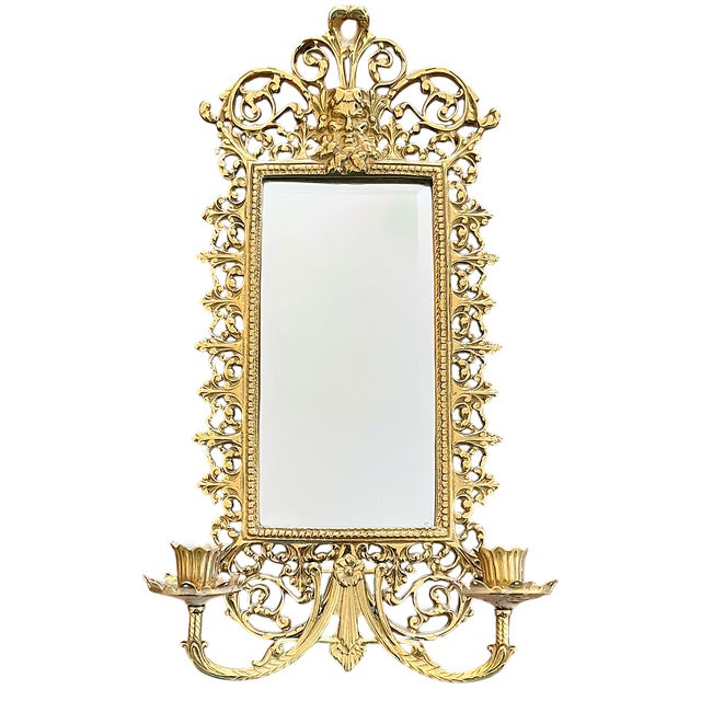 English Pair of Virginia Metalcrafters Brass Wall Mirror Sconces With Green Man Motif & Candleholders For Sale - Image 3 of 13