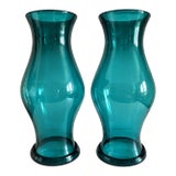 Pair of Royal Leerdam for Colonial Williamsburg Blue-Green Glass Hurricane Shades, 17.5” For Sale