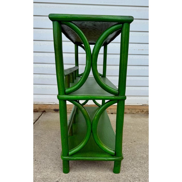Mid-Century Green Rattan Etagere Bookcase Console - Newly Painted For Sale - Image 4 of 10
