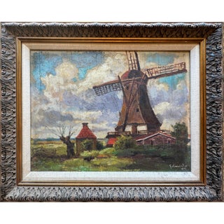 Wind, Cloud & Mill: A Luminous Post-Impressionist Landscape With Van Gogh-Like Sky, Oil on Panel, C. 1940s Signed "Hofmeister" For Sale