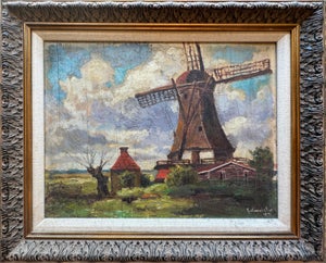 Wind, Cloud & Mill: A Luminous Post-Impressionist Landscape With Van Gogh-Like Sky, Oil on Panel, C. 1940s Signed "Hofmeister"