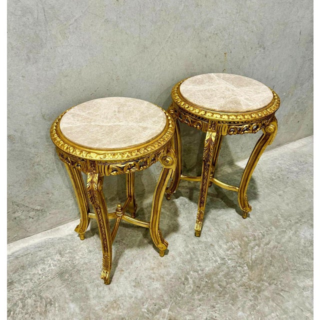 French French Style Side Table Set of 2 – Beige Marble Topped With Gold Leaf Details For Sale - Image 3 of 7