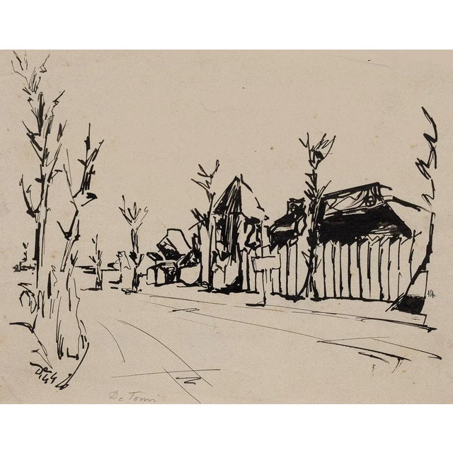 Village is an original drawing in pen realized by Enrico De Tomi in 1947 ca, hand-signed on the lower-left of margin. In...