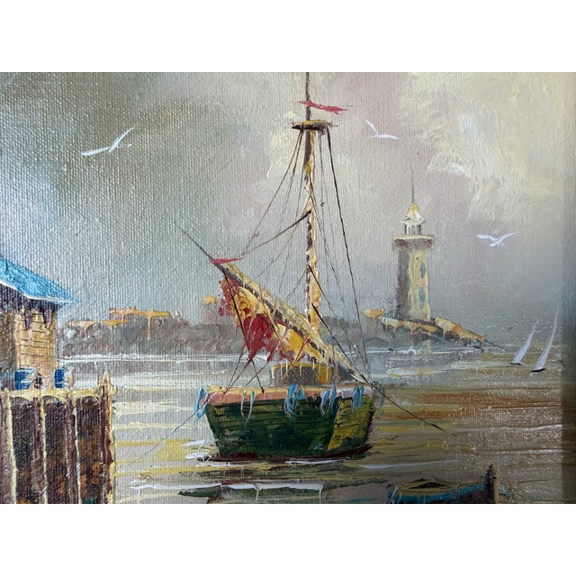 1960s Vintage Coastal Harbor & Lighthouse Oil Painting on Plywood – Framed For Sale - Image 9 of 13