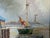 1960s Vintage Coastal Harbor & Lighthouse Oil Painting on Plywood – Framed For Sale - Image 9 of 13
