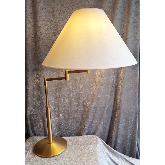 Vintage Table Lamp with Brass Base and Cream-White Fabric Shade, 1980s For Sale - Image 6 of 9