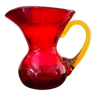 Vintage Art Glass Pitcher Attributed to Blenko Ruby Red With Amber Handle Mid Century Modern For Sale