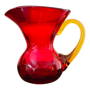 Vintage Art Glass Pitcher Attributed to Blenko Ruby Red With Amber Handle Mid Century Modern