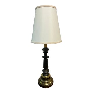 1970s Solid Brass Tall Accent Lamp With Woven Cream Shade For Sale