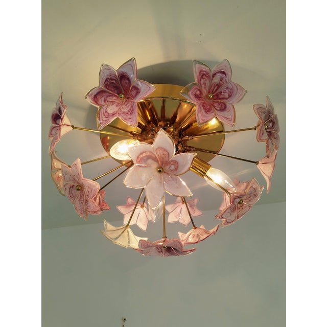 Murano Style Flush Mount Pink Purple Flower Ceiling Light Glass Chandelier For Sale - Image 11 of 11