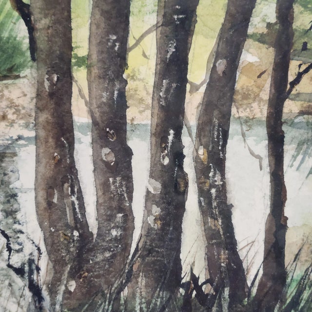 Vintage Watercolor Landscape – Man Fishing by River, Signed b.a. Kim, Framed For Sale - Image 4 of 12